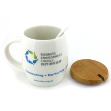 Cask shape ceramic mug with wooden lid and spoon -BEC